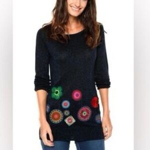 DESIGUAL Designer Colorful Embroidered Navy Sparkle Sweater Large L Martine